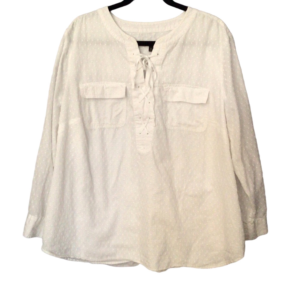 Talbots White Textured Lace-Up Blouse Size 3X roll up sleeve - Picture 2 of 10